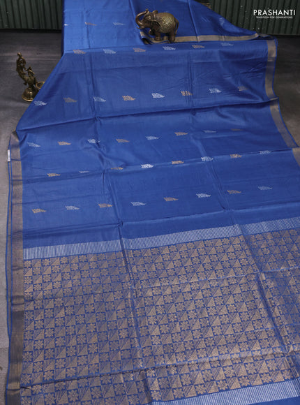 Banana silk saree blue with allover silver & gold zari woven buttas and zari woven border