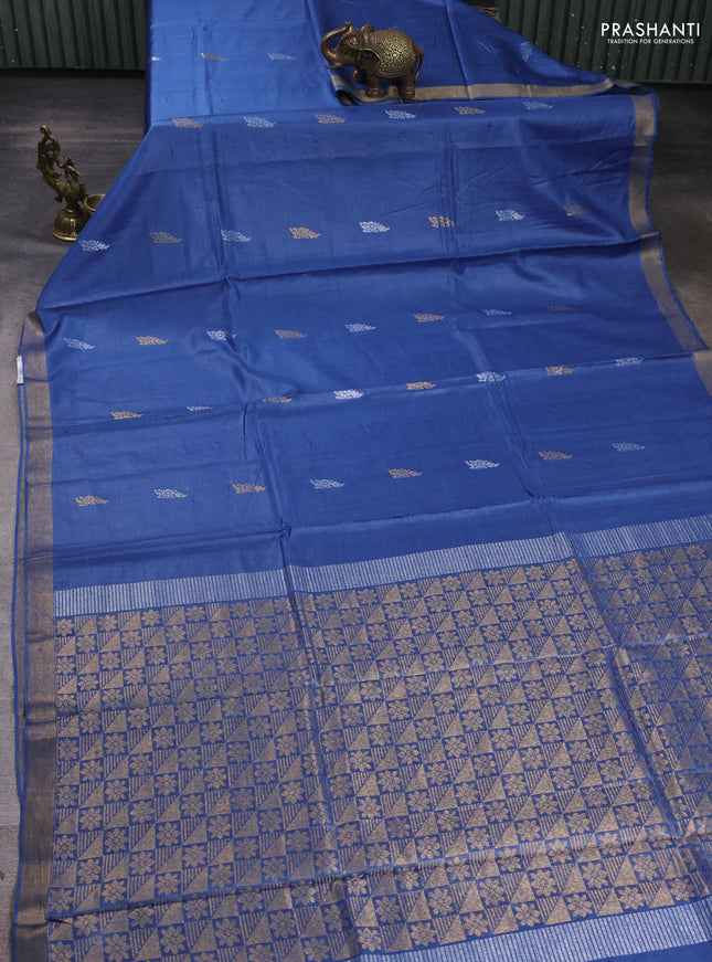 Banana silk saree blue with allover silver & gold zari woven buttas and zari woven border