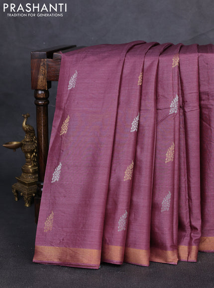 Banana silk saree wine shade with allover silver & gold zari woven buttas and zari woven border