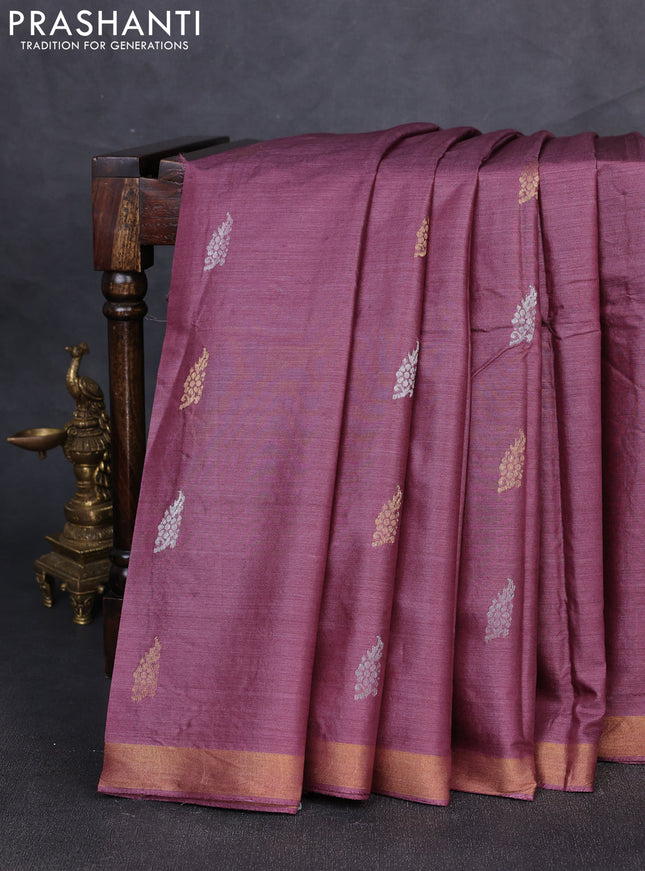 Banana silk saree wine shade with allover silver & gold zari woven buttas and zari woven border