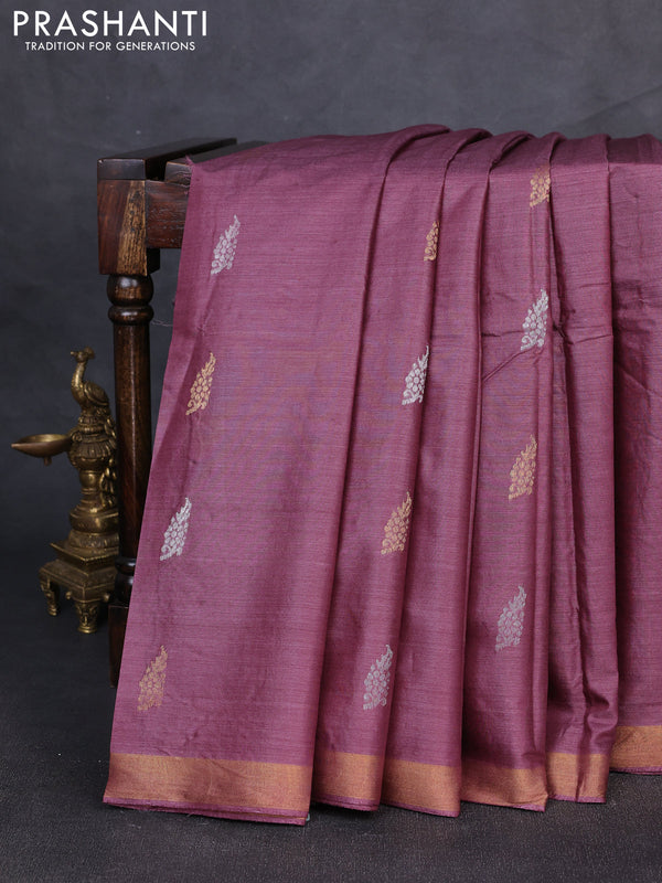 Banana silk saree wine shade with allover silver & gold zari woven buttas and zari woven border