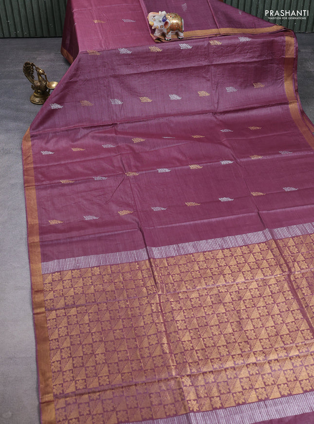 Banana silk saree wine shade with allover silver & gold zari woven buttas and zari woven border