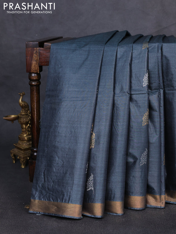 Banana silk saree elephant grey with allover silver & gold zari woven buttas and zari woven border