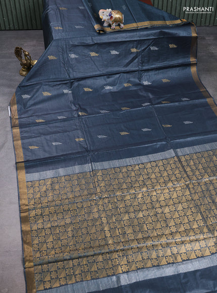 Banana silk saree elephant grey with allover silver & gold zari woven buttas and zari woven border