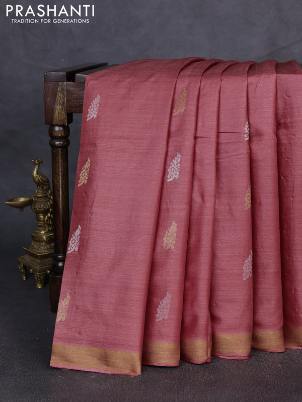 Banana silk saree maroon with allover silver & gold zari woven buttas and zari woven border