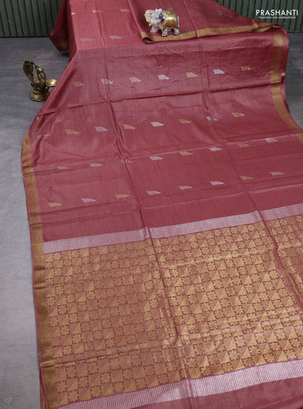 Banana silk saree maroon with allover silver & gold zari woven buttas and zari woven border