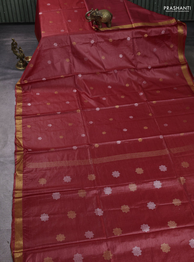 Banana silk saree maroon with allover silver & gold zari woven buttas and zari woven border
