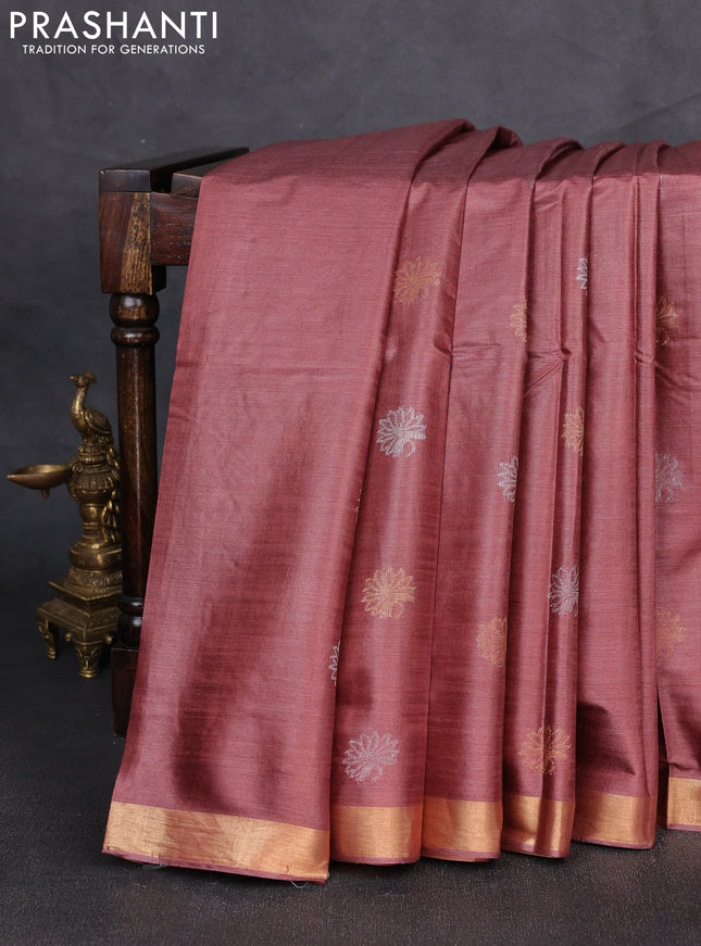 Banana silk saree wine shade with allover silver & gold zari woven buttas and zari woven border