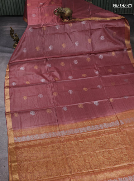 Banana silk saree wine shade with allover silver & gold zari woven buttas and zari woven border