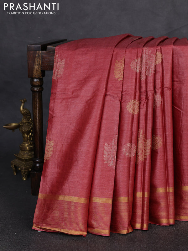 Banana silk saree maroon with thread & zari woven buttas and zari woven border