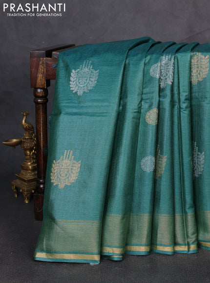 Banana silk saree green shade with allover silver & gold zari woven buttas and zari woven border