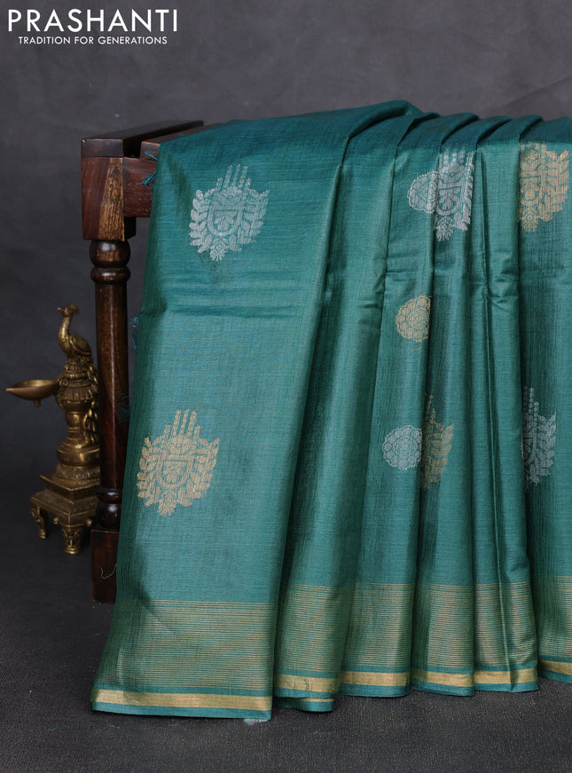 Banana silk saree green shade with allover silver & gold zari woven buttas and zari woven border