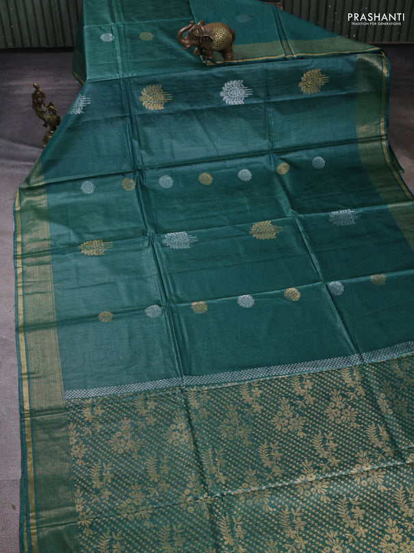 Banana silk saree green shade with allover silver & gold zari woven buttas and zari woven border