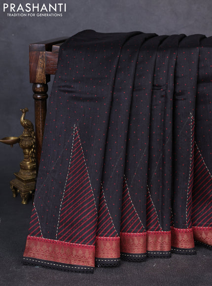 Munga tussar silk saree black and maroon with allover polka dot prints and zari woven kantha stitch work