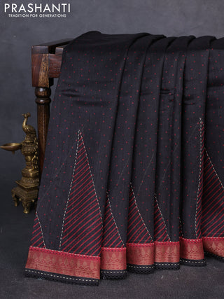 Munga tussar silk saree black and maroon with allover polka dot prints and zari woven kantha stitch work