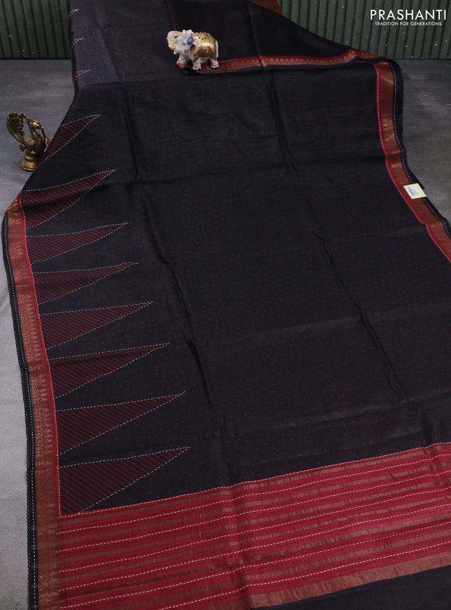 Munga tussar silk saree black and maroon with allover polka dot prints and zari woven kantha stitch work