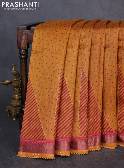 Munga tussar silk saree dark mustard and maroon with allover polka dot prints and zari woven kantha stitch work