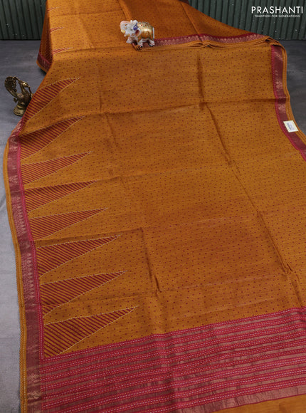 Munga tussar silk saree dark mustard and maroon with allover polka dot prints and zari woven kantha stitch work