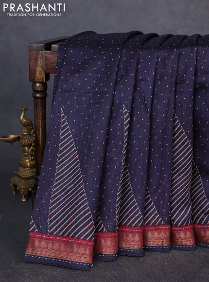 Munga tussar silk saree navy blue and maroon with allover polka dot prints and zari woven kantha stitch work