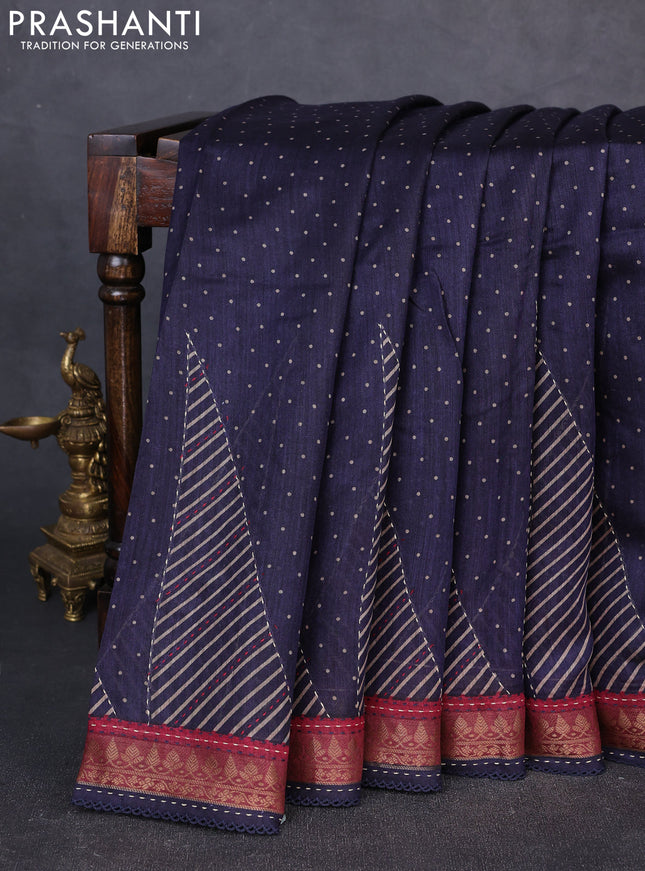 Munga tussar silk saree navy blue and maroon with allover polka dot prints and zari woven kantha stitch work