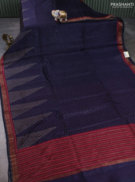 Munga tussar silk saree navy blue and maroon with allover polka dot prints and zari woven kantha stitch work