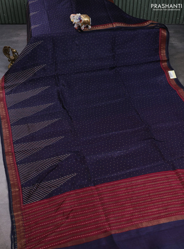 Munga tussar silk saree navy blue and maroon with allover polka dot prints and zari woven kantha stitch work