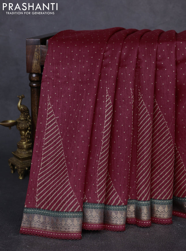 Munga tussar silk saree maroon and green shade with allover polka dot prints and zari woven kantha stitch work