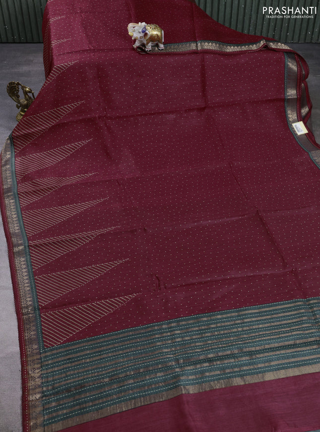 Munga tussar silk saree maroon and green shade with allover polka dot prints and zari woven kantha stitch work