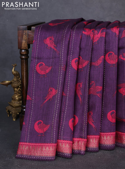 Munga tussar silk saree purple and pink shade with allover butta prints & kantha stitch work and zari woven border