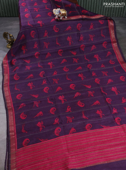 Munga tussar silk saree purple and pink shade with allover butta prints & kantha stitch work and zari woven border