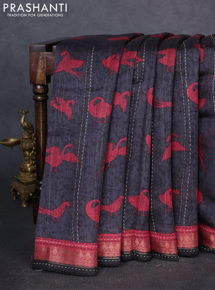 Munga tussar silk saree dark grey and maroon with allover prints and zari woven kantha stitch work