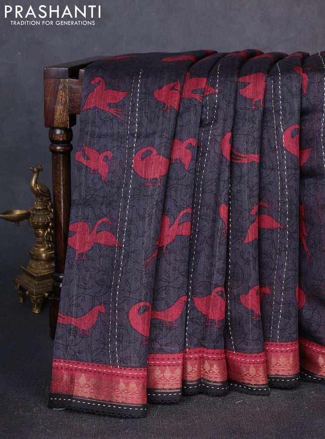 Munga tussar silk saree dark grey and maroon with allover prints and zari woven kantha stitch work
