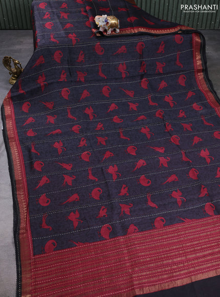 Munga tussar silk saree dark grey and maroon with allover prints and zari woven kantha stitch work