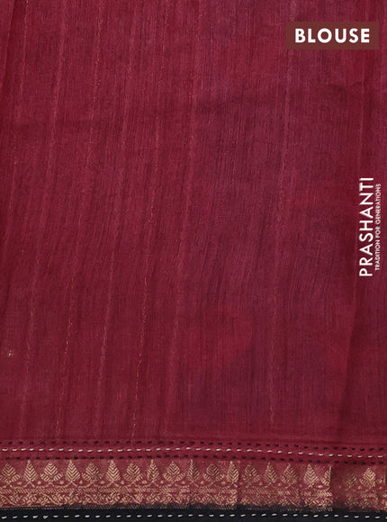 Munga tussar silk saree dark grey and maroon with allover prints and zari woven kantha stitch work