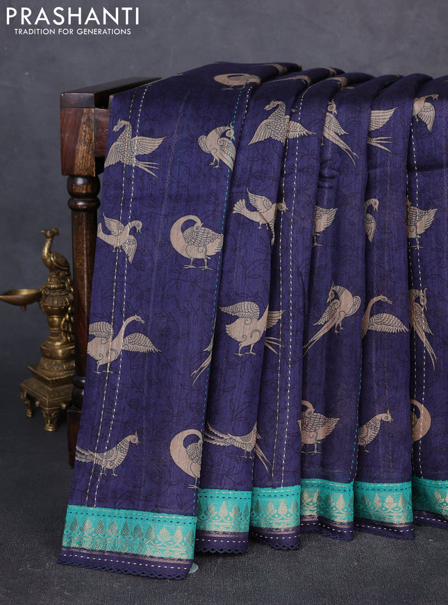 Munga tussar silk saree navy blue and teal green with allover prints and zari woven kantha stitch work