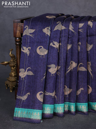Munga tussar silk saree navy blue and teal green with allover prints and zari woven kantha stitch work