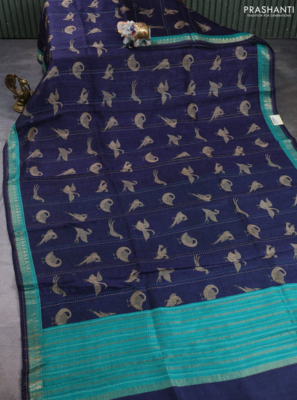 Munga tussar silk saree navy blue and teal green with allover prints and zari woven kantha stitch work