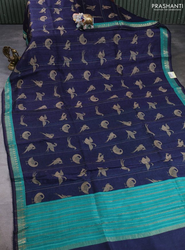 Munga tussar silk saree navy blue and teal green with allover prints and zari woven kantha stitch work