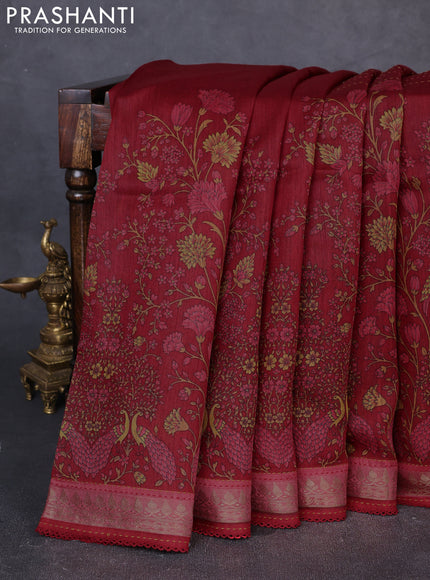 Munga tussar silk saree maroon and pink shade with allover prints & kantha stitch work and zari woven border