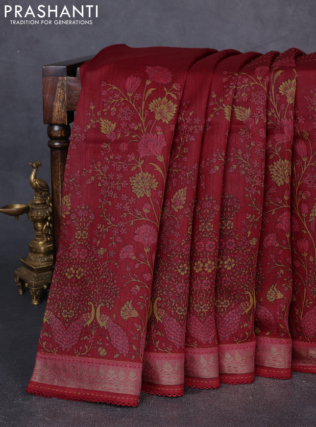 Munga tussar silk saree maroon and pink shade with allover prints & kantha stitch work and zari woven border