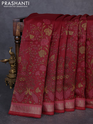 Munga tussar silk saree maroon and pink shade with allover prints & kantha stitch work and zari woven border
