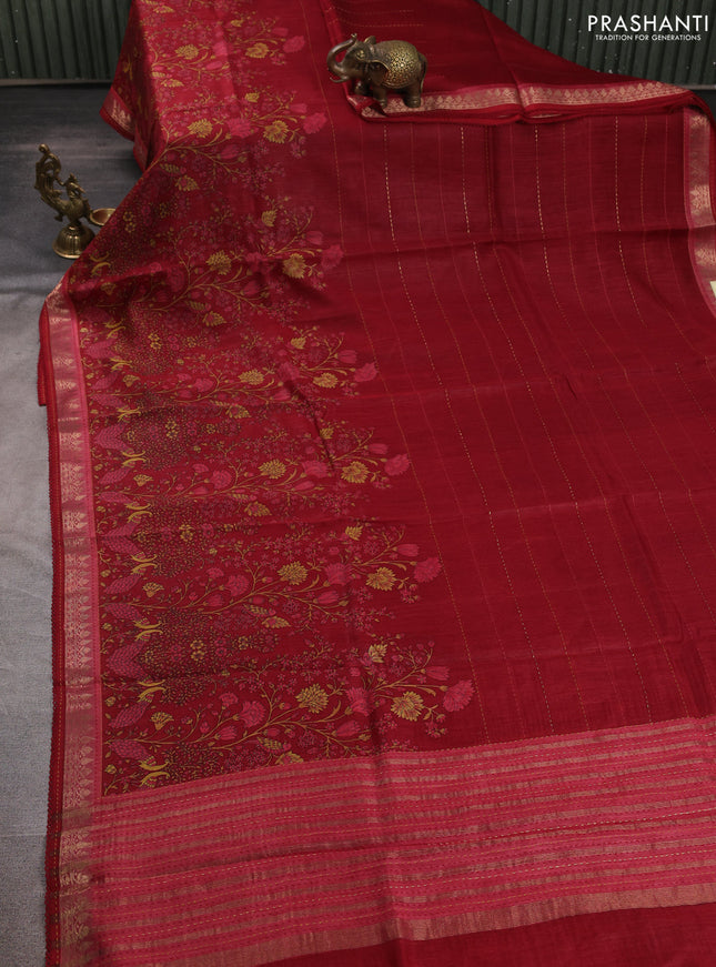 Munga tussar silk saree maroon and pink shade with allover prints & kantha stitch work and zari woven border