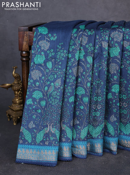 Munga tussar silk saree peacock blue and teal blue with allover prints & kantha stitch work and zari woven border