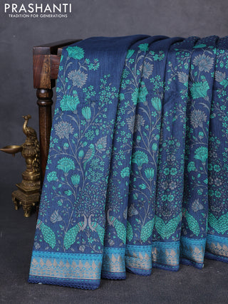 Munga tussar silk saree peacock blue and teal blue with allover prints & kantha stitch work and zari woven border