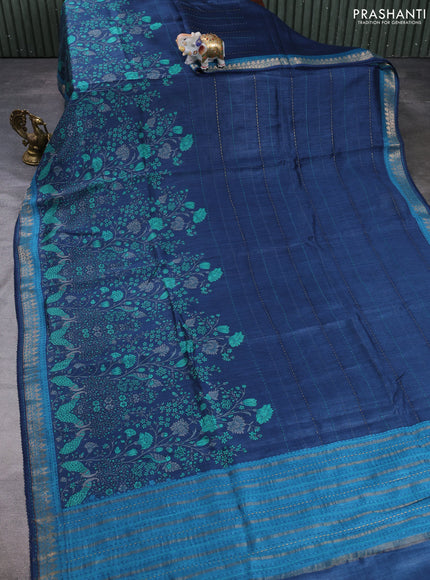 Munga tussar silk saree peacock blue and teal blue with allover prints & kantha stitch work and zari woven border