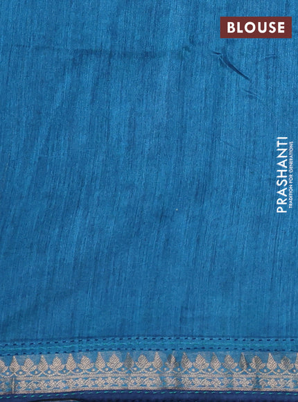 Munga tussar silk saree peacock blue and teal blue with allover prints & kantha stitch work and zari woven border