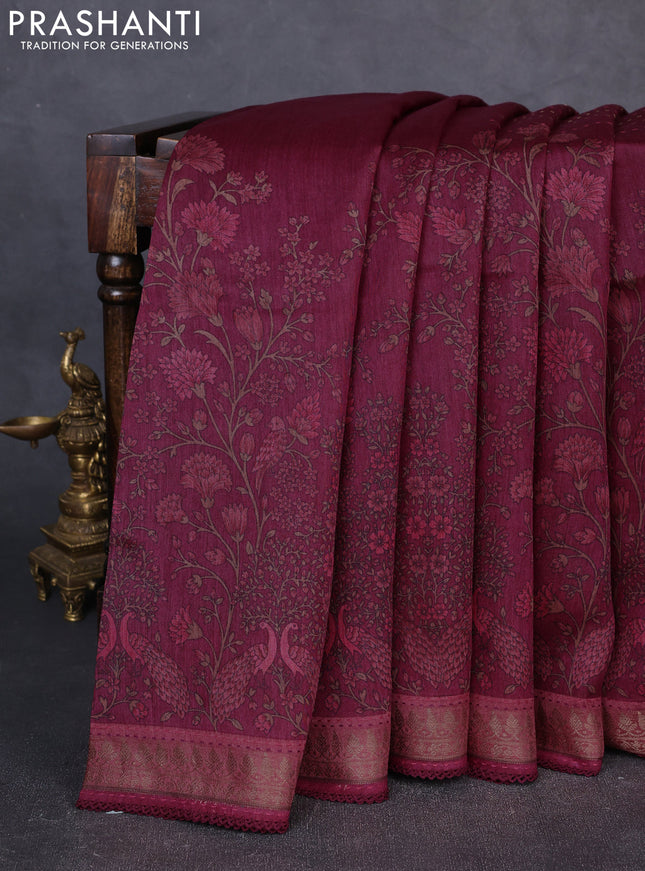 Munga tussar silk saree wine shade and pastel maroon with allover prints & kantha stitch work and zari woven border