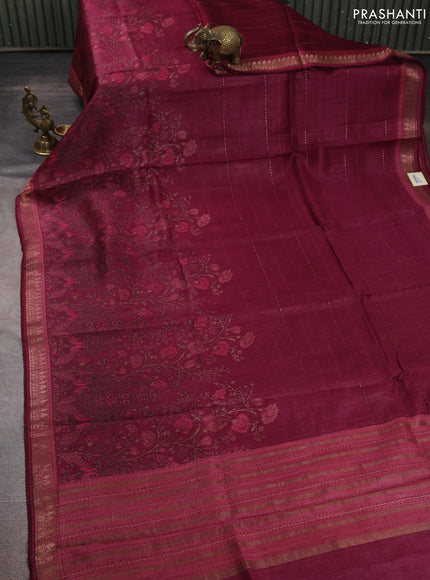Munga tussar silk saree wine shade and pastel maroon with allover prints & kantha stitch work and zari woven border
