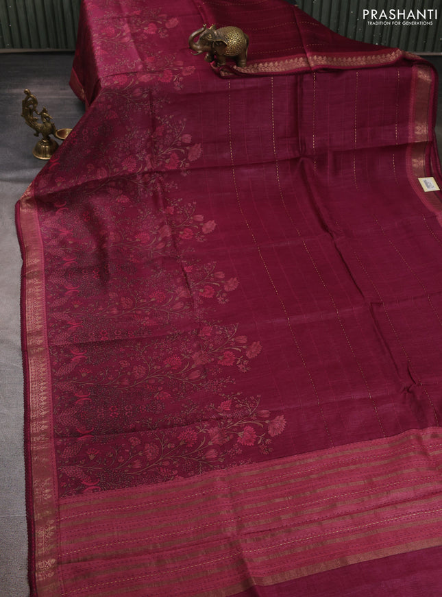 Munga tussar silk saree wine shade and pastel maroon with allover prints & kantha stitch work and zari woven border