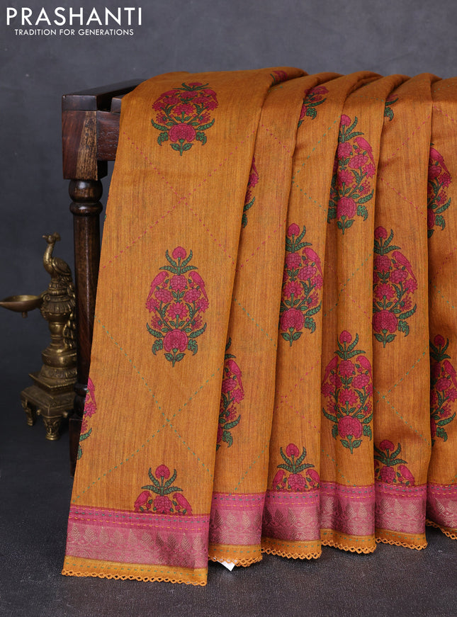 Munga tussar silk saree dark mustard and pink shade with allover butta prints & kantha stitch work and zari woven border